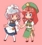  artist_request blue_eyes braid chibi china_dress chinadress chinese_clothes hand_holding hat holding_hands hong_meiling houroku izayoi_sakuya long_hair lowres maid multiple_girls pantyhose pocket_watch short_hair silver_hair touhou twin_braids watch 