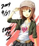  belt bracelet brown_hair casual dog_tags dogtags green_eyes hat idolmaster jacket jewelry sentetsu short_hair skirt sleeves_rolled_up wink 