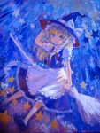  acrylic_paint_(medium) ama-tou apron blonde_hair braid broom broom_riding buttons hand_on_hat hat highres kirisame_marisa long_hair side_braid smile star touhou traditional_media waist_apron witch_hat yellow_eyes 