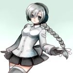  coat earmuffs gloves grey_eyes hair_ribbon highres long_hair ponytail ribbon sekka_yufu silver_eyes silver_hair simple_background skirt smile solo thigh-highs thighhighs tsunoyomogi_amahashi utau zettai_ryouiki 