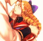  blonde_hair blush bow brown_hair capcom curly_hair dougi drill_hair geese_howard hair_bow hand_on_another&#039;s_cheek hand_on_another&#039;s_face hands hug itkz_(pixiv) kanzuki_karin m.u.g.e.n ringlets school_uniform serafuku street_fighter 