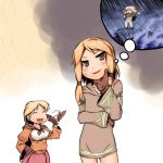   2girls alma_beoulve blonde_hair blush brown_eyes cape dress closed_eyes female final_fantasy final_fantasy_tactics geomancer_(fft) gloves long_hair open_mouth panties thought thought_bubble tukudani  