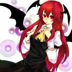  bad_id bat_wings blush hands hands_on_own_chest head_wings headwings koakuma long_hair red_eyes red_hair redhead touhou wings yutazou 