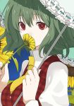  1girl breasts bust covering_face daisy flower green_hair hands holding holding_flower kazami_yuuka kintaro necktie parasol plaid_vest puffy_sleeves red_eyes smelling_flower solo touhou umbrella 