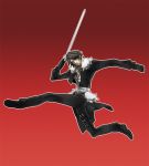  blue_eyes brown_hair code_geass dissidia_final_fantasy final_fantasy final_fantasy_viii fur fur_jacket gloves gunblade jacket jewelry male meme necklace parody red_background scar simple_background solo spinzaku squall_leonhart thigh_strap weapon 