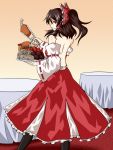  back bare_back bare_shoulders black_hair bow brown_eyes detached_sleeves dress food hair_bow hakurei_reimu looking_back mamedenchi ponytail solo touhou 