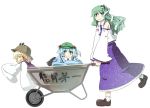 blue_hair detached_sleeves eyes frog green_eyes green_hair hair_bobbles hair_ornament hat hota japanese_clothes kawashiro_nitori kochiya_sanae long_hair long_skirt moriya_suwako short_hair skirt snake touhou twintails wheelbarrow