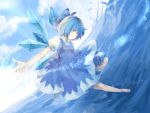  bad_id barefoot blue_eyes blue_hair bow cirno hair_bow highres rifsom short_hair solo touhou water wings 