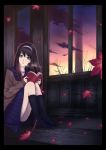  amino_(tn7135) black_hair book cardigan dusk feet green_eyes hairband highres leaf leaves maple_leaf sitting skirt socks solo tn7135 tohno_akiha toono_akiha tsukihime 