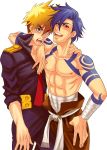   arm_support belt blonde_hair blue_hair green_eyes kamina kittan muscle red_eyes sarashi shirtless tengen_toppa_gurren_lagann  