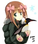  bird blush brown_hair green_eyes hair_ribbon idolmaster jacket mittens penguin ribbon sentetsu short_hair 