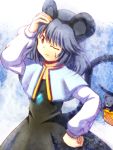  animal_ears basket grey_hair hand_on_head hand_on_hip mouse mouse_ears mouse_tail nazrin qontamblue red_eyes short_hair solo sweatdrop tail touhou wink 