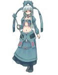  1girl artist_request bronzong female grey_hair midriff nintendo personification pokemon red_eyes silver_hair solo staff 