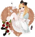 blonde_hair bloomers blue_eyes bow card dress falling_card floating_card flower hair_bow rose 