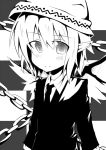  animal_ears bad_id chain chains contemporary formal hat monochrome mystia_lorelei pant_suit short_hair simple_background solo suit touhou tunamayochan wings 