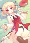  agnes_boulange bed belt beret blonde_hair blush earrings hair_ribbon hat hat_removed headwear_removed jewelry la_campanella_della_benedizione looking_at_viewer lying minamura_haruki on_back pantyhose pillow red_eyes ribbon short_hair shukufuku_no_campanella solo tongue twintails untied 