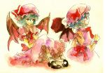 1girl bare_back bat_wings blue_hair dress hand_to_mouth hat mary_janes red_eyes remilia_scarlet ribbon shinoasa shoes short_hair smile solo touhou traditional_media watercolor_(medium) wings 