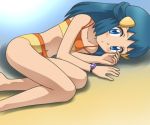  1girl beach bikini bikini_skirt blue_eyes blue_hair blush creatures_(company) game_freak hikari_(pokemon) long_hair lying nintendo pokemon pokemon_(anime) pokemon_dppt sand solo swimsuit tagme 