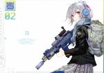  assault_rifle backpack bag eotech fn_scar fuyuno_haruaki grey_hair gun headphones highres jacket operator plaid qr_code red_eyes rifle scarf short_hair skirt solo suppressor tartan techno_fuyuno trigger_discipline weapon 