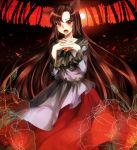  1girl animal_ears bamboo bamboo_forest brown_hair dress flower forest fuuna_(conclusion) highres imaizumi_kagerou long_hair looking_at_viewer nature open_mouth petals red_dress red_eyes solo touhou wolf_ears 