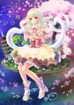  1girl blonde_hair braid cherry_blossoms dress flower high_heels highres long_hair open_toe_shoes original petals red_eyes shoes sitting snake solo 
