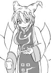  1girl breasts fox_tail gomamiso_sti monochrome multiple_tails short_hair simple_background smile solo tail touhou white_background yakumo_ran 