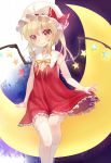  1girl blonde_hair blush crescent dress fang flandre_scarlet hat heart heart-shaped_pupils highres long_hair looking_at_viewer mvv side_ponytail single_thighhigh sleeveless sleeveless_dress smile solo star symbol-shaped_pupils thigh-highs touhou white_legwear wings 