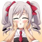  1girl blush bow closed_eyes drill_hair frills hair_bow hands hands_on_another&#039;s_cheeks hands_on_another&#039;s_face idolmaster idolmaster_cinderella_girls kanzaki_ranko necktie open_mouth silver_hair sleeveless twintails uraichishi 