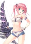  1girl armband bare_shoulders blue_eyes bow_(weapon) fingerless_gloves gloves highres hiten_goane_ryu looking_at_viewer monster_hunter navel pink_hair short_hair short_twintails simple_background smile solo twintails weapon white_background 