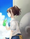  1girl bottle bowtie brown_eyes brown_hair clouds fanny_pack na770 pleated_skirt ponytail robotics;notes school_uniform senomiya_akiho serafuku short_hair side sitting skirt sky solo standing sweat 