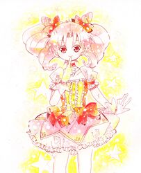  1girl bishoujo_senshi_sailor_moon bow bubble_skirt chibi_usa choker color_connection cosplay double_bun gloves hair_bow index_finger_raised kaname_madoka kaname_madoka_(cosplay) look-alike magical_girl mahou_shoujo_madoka_magica pink_hair red_eyes shinagai_hino short_hair skirt smile solo twintails white_gloves yellow_background 