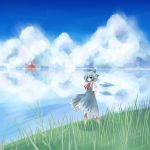  1girl arms_behind_back blue_eyes blue_hair blue_sky bow cirno clouds dress grass hair_bow lake looking_away otsumamin ribbon scarlet_devil_mansion short_hair short_sleeves sky smile solo touhou walking wind wings 