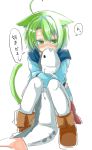  1girl ahoge animal_ears blush cat_ears cat_tail dodome-iro_mayonnaise green_eyes green_hair highres looking_at_viewer original sharon_(dodomayo) short_hair simple_background solo stuffed_animal stuffed_fish stuffed_toy tail translation_request white_background 