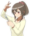  accho_(macchonburike) brown_hair hori_yuuko idolmaster idolmaster_cinderella_girls ponytail red_eyes scrunchie spoon spoon_bending sweatdrop white_background 