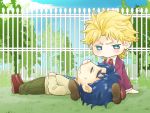  2boys blonde_hair blue_eyes blue_hair chibi dio_brando fence jojo_no_kimyou_na_bouken jonathan_joestar mochidan multiple_boys sleeping wavy_mouth 