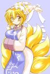  1girl blonde_hair blue_background blush breast_hold breasts fox_tail gomamiso_sti hands_in_sleeves hat looking_at_viewer multiple_tails short_hair simple_background smile solo tail touhou yakumo_ran yellow_eyes 