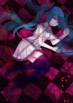  1girl aqua_eyes aqua_hair checkered checkered_background cuivre dress hatsune_miku long_hair looking_at_viewer lying on_side petals smile solo thighhighs twintails very_long_hair vocaloid world_is_mine_(vocaloid) 