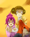  1boy 2girls aida_mana angry arm_grab beaten blood blood_on_face bloody_clothes brown_hair clenched_teeth constricted_pupils dokidoki!_precure double_bun evil_grin evil_smile grin half_updo multiple_girls pink_eyes pink_hair precure scared short_hair smile tears yotsuba_alice young zanpan526 