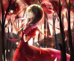  1girl closed_eyes dress forest green_hair hizagawa_rau kagiyama_hina long_hair nature petals profile red_dress solo touhou 