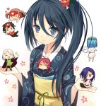  &gt;_&lt; ahoge apron black_hair blue_eyes chibi efe fast_food_uniform hair_over_one_eye hataraku_maou-sama! heart japanese_clothes kamazuki_suzuno kimono long_hair sasaki_chiho side_ponytail sparkle visor_cap 