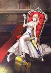  1girl ahoge alcohol avalon_(fate/stay_night) blonde_hair cup dress excalibur fate/stay_night fate_(series) formal grail green_eyes high_heels highres hq19910119 realistic saber sheath sheathed shoes sword weapon white_dress wine wine_glass 