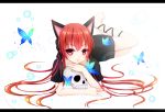  1girl animal_ears bow bubble butterfly cat_ears hair_bow highres kaenbyou_rin looking_at_viewer red_eyes redhead ribbon ripples skull smile solo soraneko93 touhou white_background 