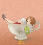  1girl 2013 arrietty brown_eyes brown_hair cup dated floral_background hair_down karigurashi_no_arrietty minigirl pink_background signature solo sugar_cube teabag teacup yulan0223 