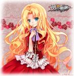  1girl 2013 alfin_reise_arnor blonde_hair blue_eyes bow copyright_name dated dress eiyuu_densetsu falcom flower frills index_finger_raised long_hair pink_background red_dress red_rose ribbon rose sen_no_kiseki signature smile solo willfin 