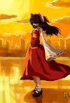  1girl absurdres black_hair bow building clouds detached_sleeves hair_bow hair_over_one_eye hair_tubes hakurei_reimu highres long_hair red_eyes signature solo sun tagme touhou yuugyou_you 