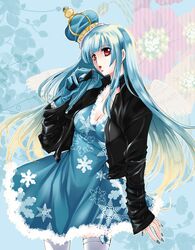  1girl alternate_costume blue_hair breasts choker cleavage coco_(eccentricrouge) crown dress gloves king_of_fighters kula_diamond leather_jacket long_hair nail_polish print_dress red_eyes snowflakes solo sunglasses sunglasses_removed thigh-highs white_legwear 