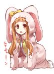  1girl animal_costume blush bow bunny_costume highres ichihara_nina idolmaster idolmaster_cinderella_girls kneeling long_hair long_sleeves open_mouth orange_eyes orange_hair paopao solo white_background 