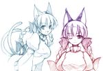  animal_ears braid cat_ears cat_tail extra_ears kaenbyou_rin long_hair looking_at_viewer monochrome multiple_monochrome multiple_tails open_mouth seo_tatsuya simple_background smile tail touhou twin_braids white_background wink 