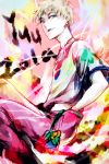  1boy blonde_hair blue_eyes earrings jewelry minudo multicolored_shirt smile yuu_(vocaloid) zola_project 