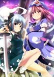  2girls ayase_midori frills hairband hat japanese_clothes katana kimono konpaku_youmu lace miniskirt mob_cap multiple_girls petals pink_eyes pink_hair rock saigyouji_yuyuko short_hair silver_hair sitting skirt skirt_set smile sword touhou tree triangular_headpiece vest weapon 